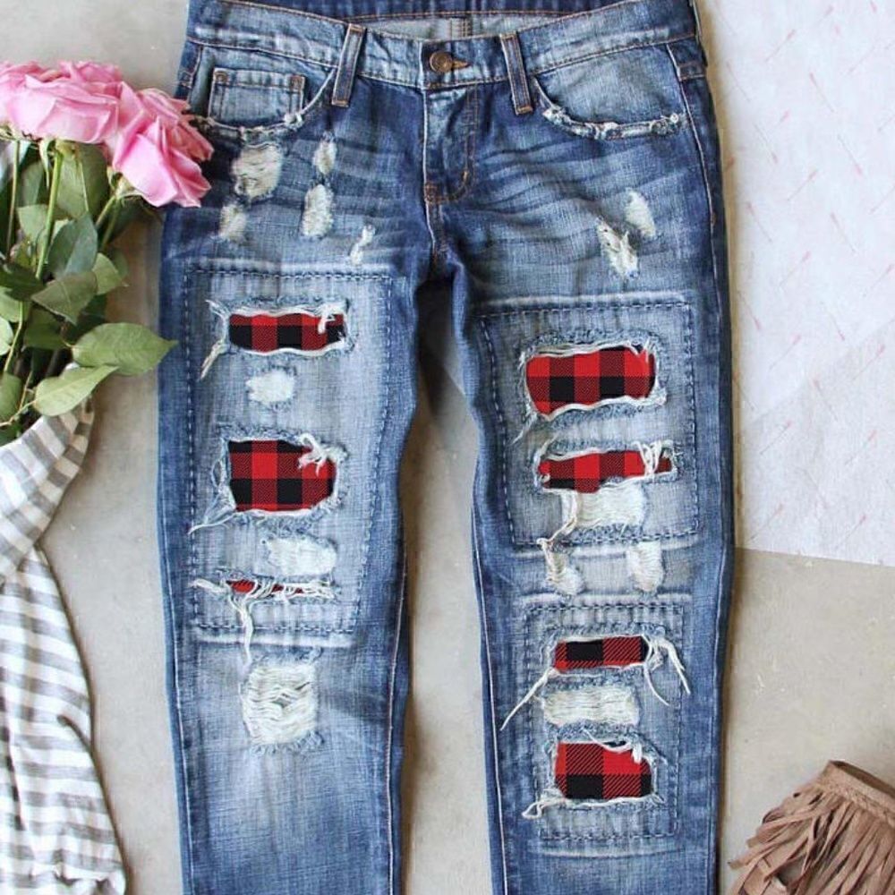 NEW! Popular Broken Ripped Patched Buffalo Plaid Distressed Blue Jeans Denim